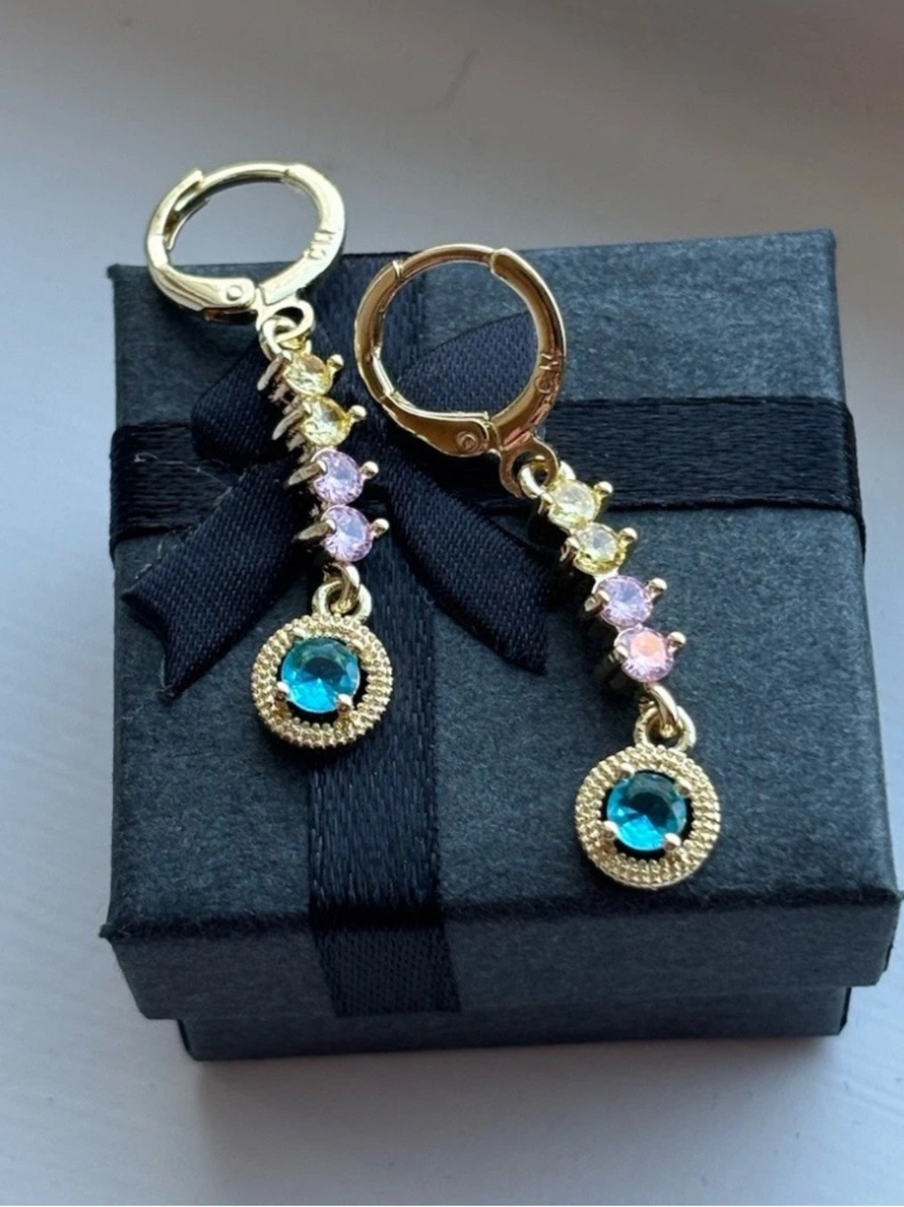 Gold Plated Multicolor Gemstone Drop Earrings Dainty Dangle Huggie Hoops Pastel - Picture 6 of 9